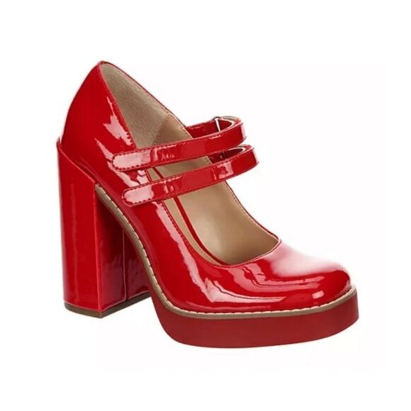 Steve Madden Twice Red Patent Leather Mary Jane Platform Block Heel Shoes - Picture 1 of 7
